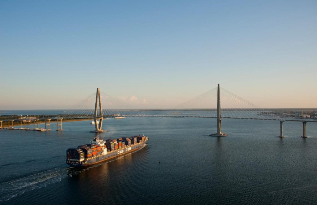 Container ship approaching Charleston bridge