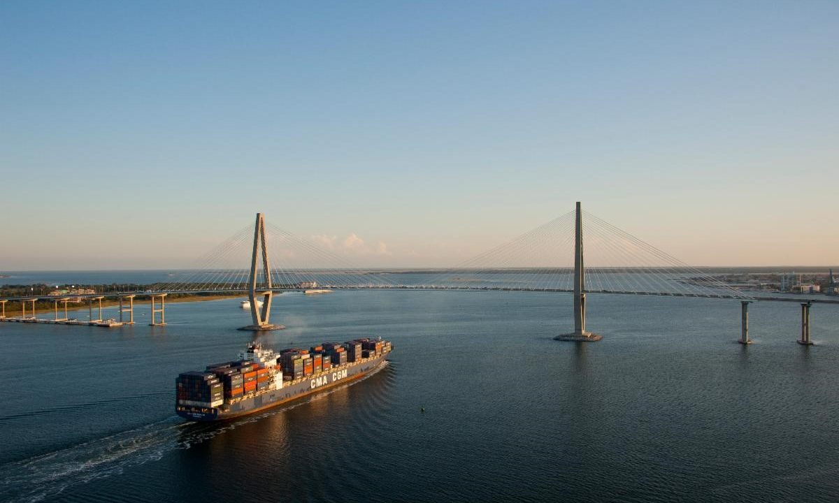 Container ship approaching Charleston bridge