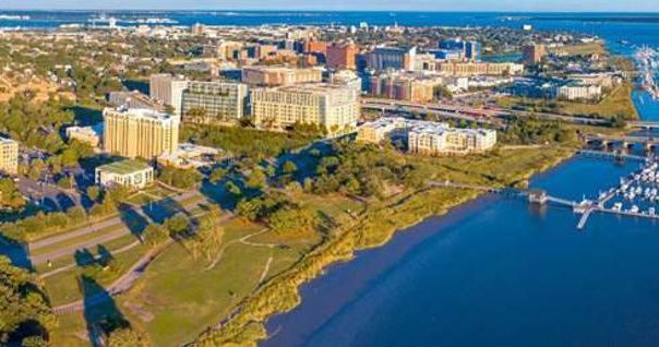 Overhead shot of coast and ports