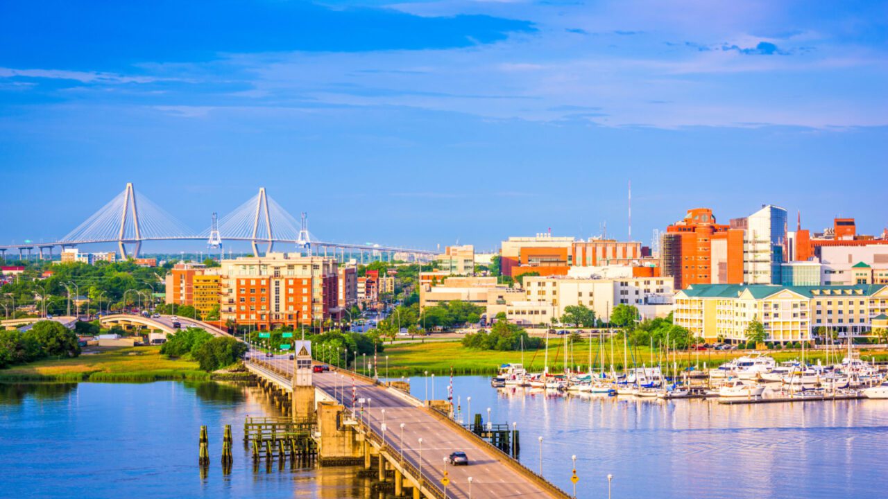 Charleston, South Carolina, USA skyline over the Ashley River.